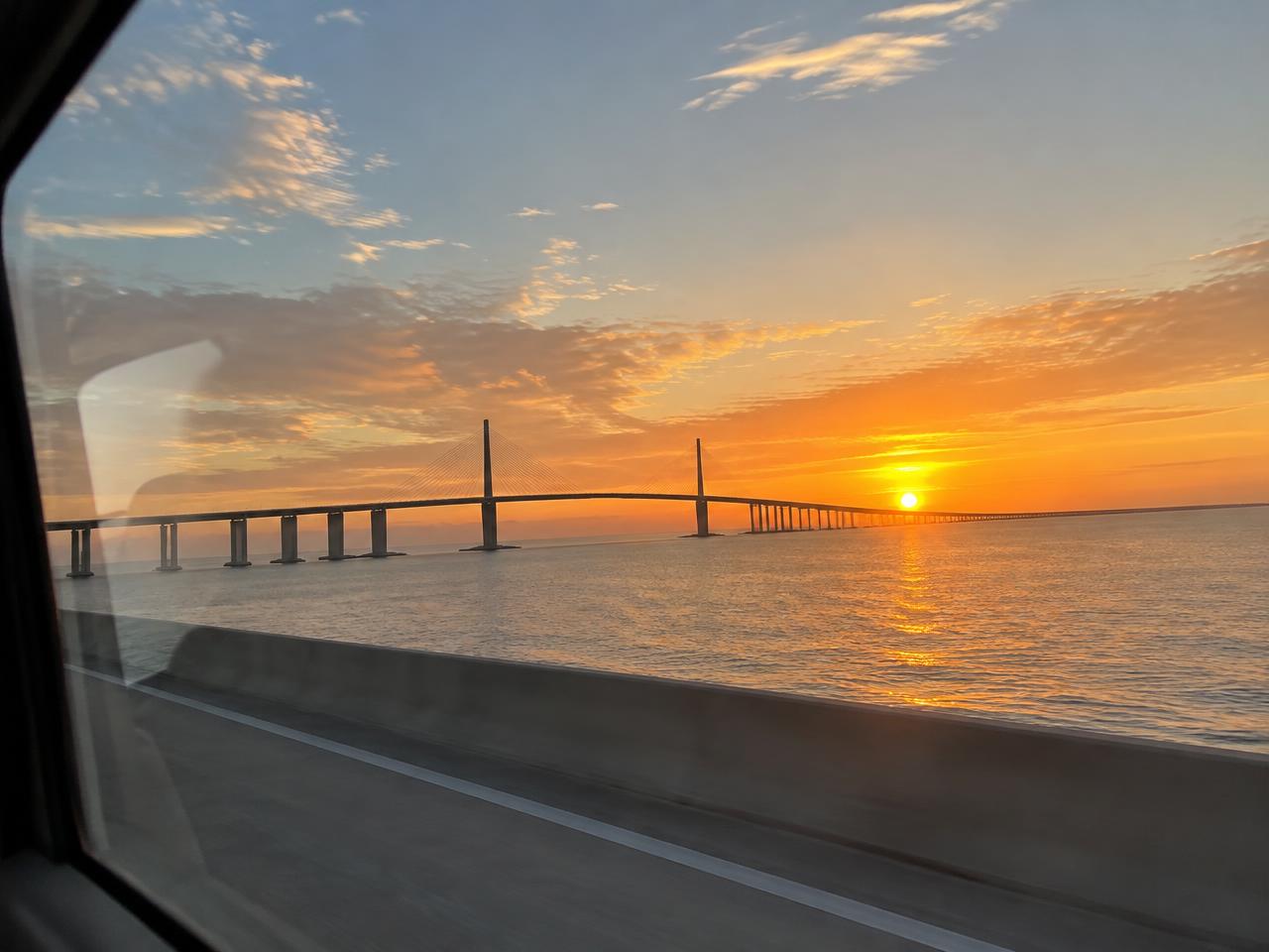 Sunrise over Tampa Bay from the van window