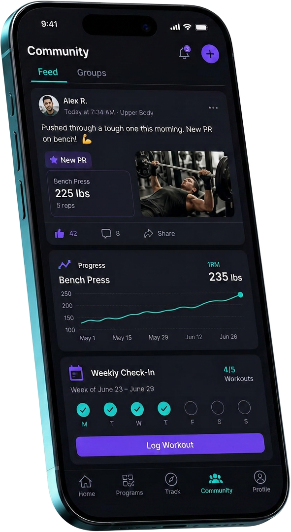 Community feed and progress tracking in the Down to Fitness app