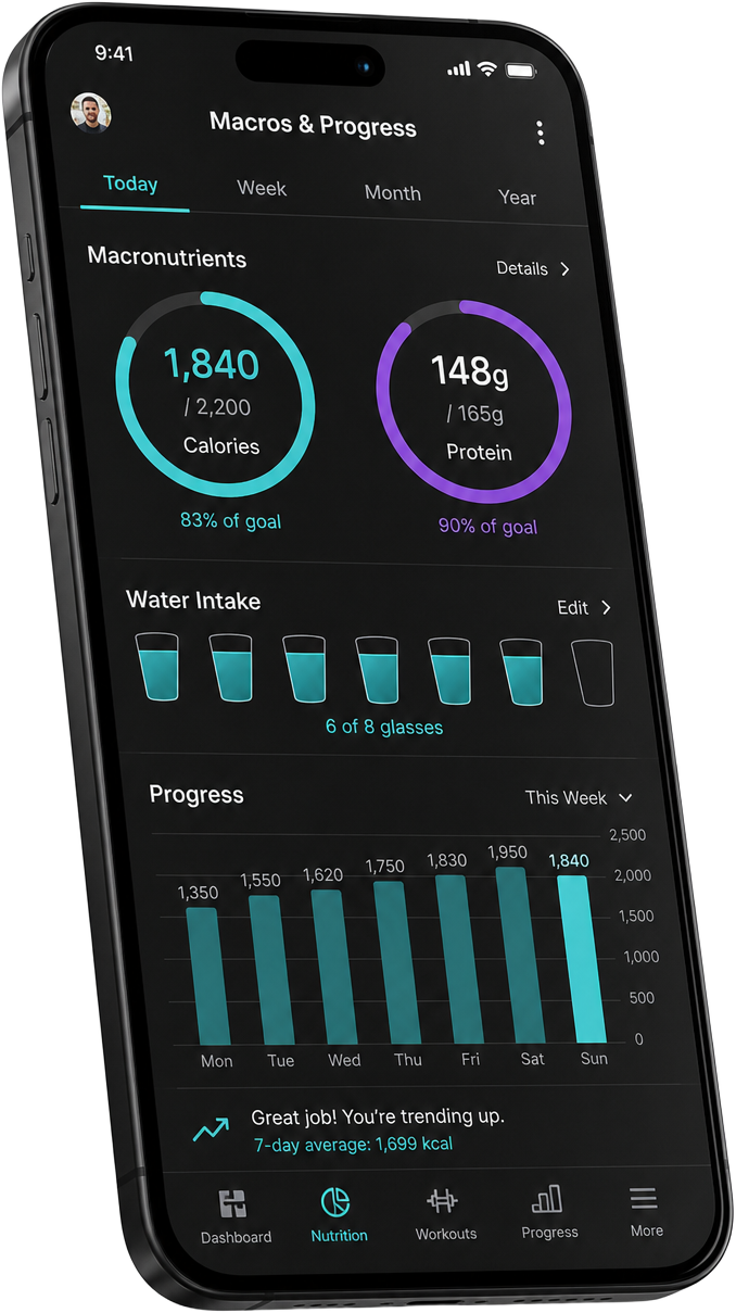 Macros and progress screen in the Down to Fitness app with calorie and protein rings