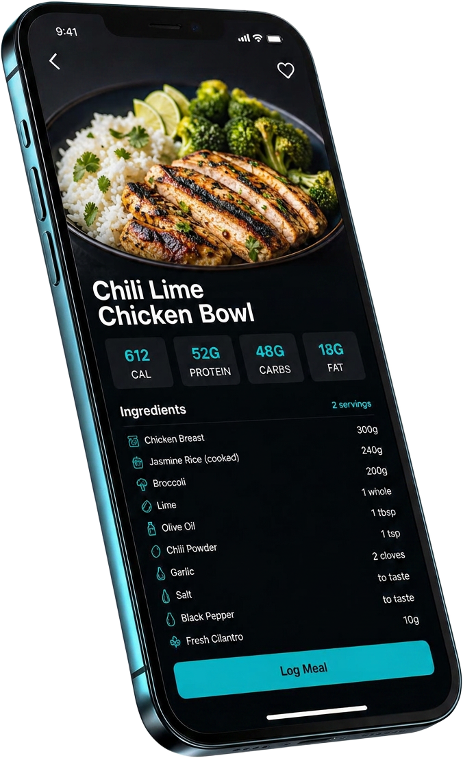 Recipe screen in the Down to Fitness app with macros and ingredients