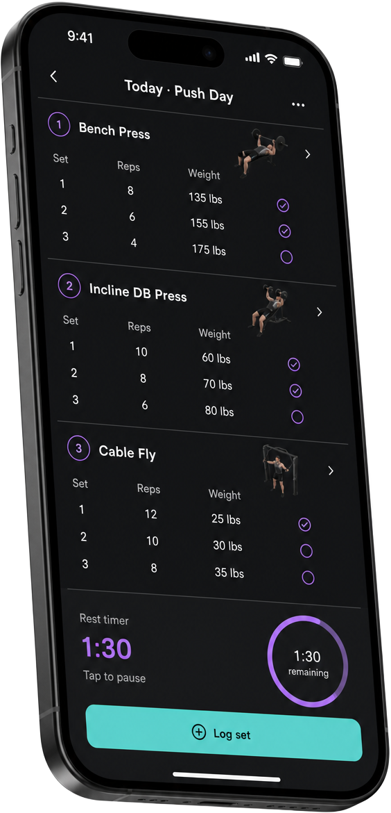 Workout screen in the Down to Fitness app showing sets, reps and a rest timer