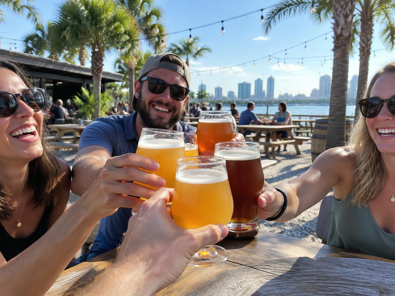 Friends toasting craft beer on a brewery patio