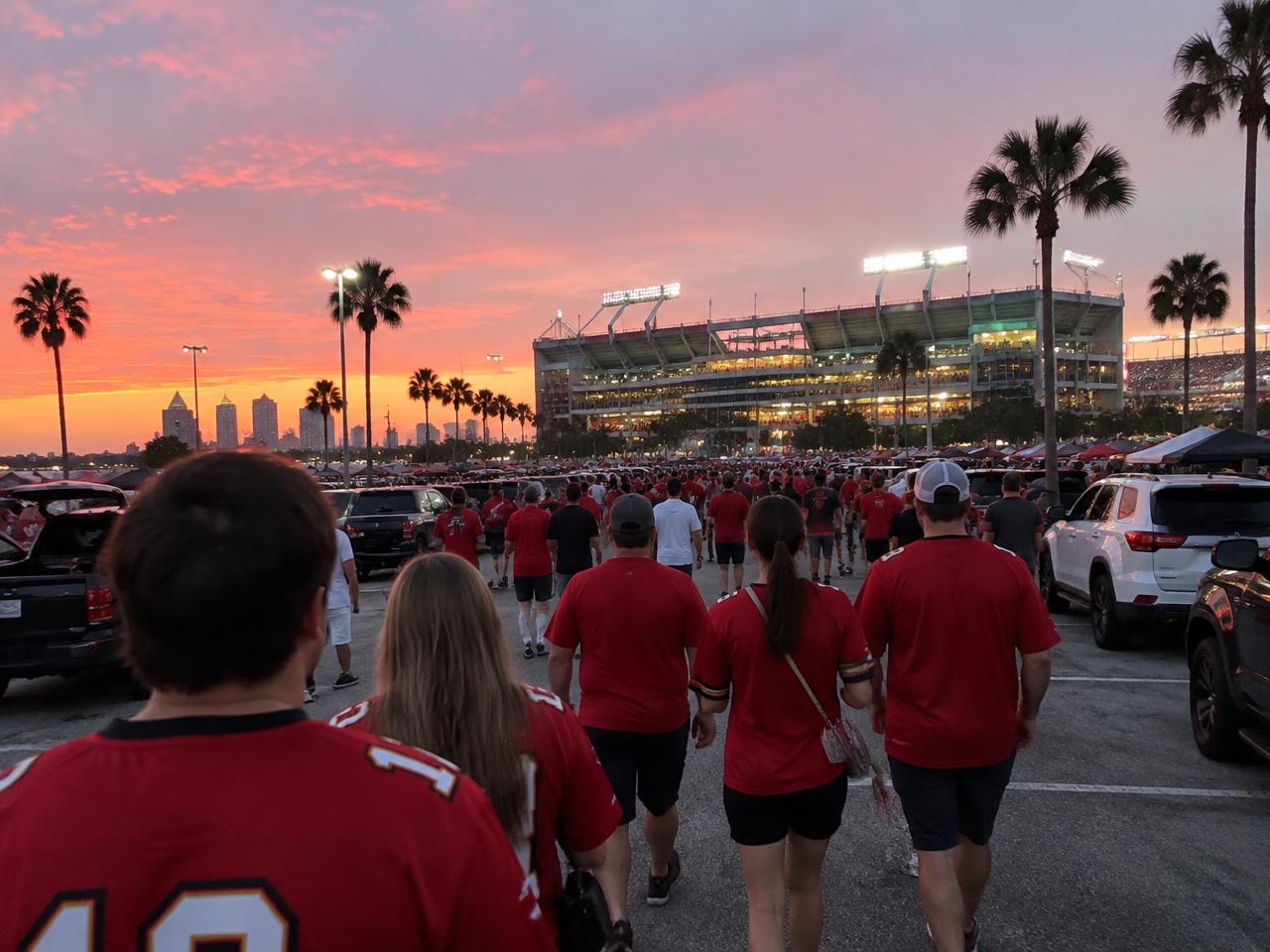 Fans walking to Raymond James Stadium at sunset