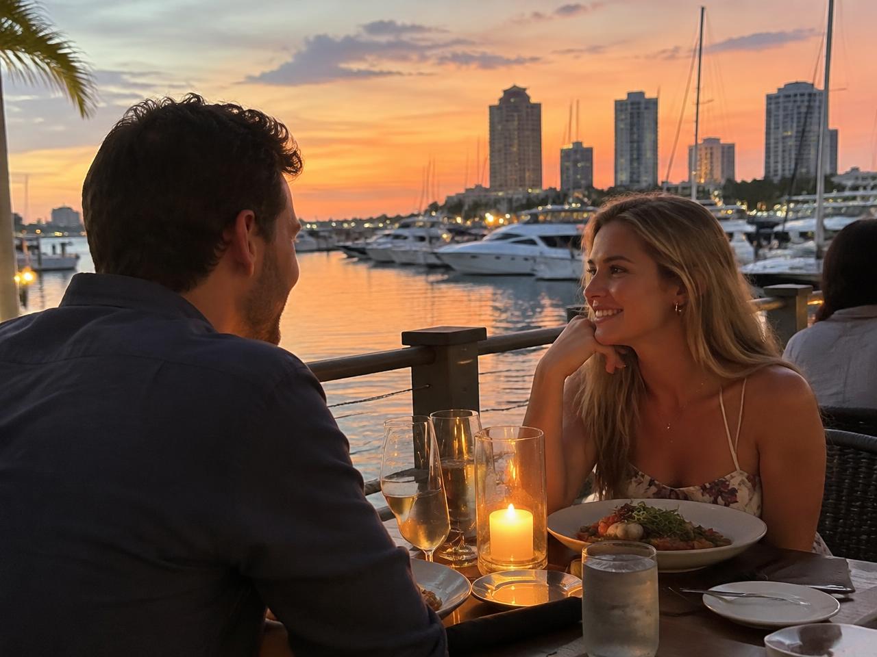 Couple at a waterfront dinner in St. Pete at sunset