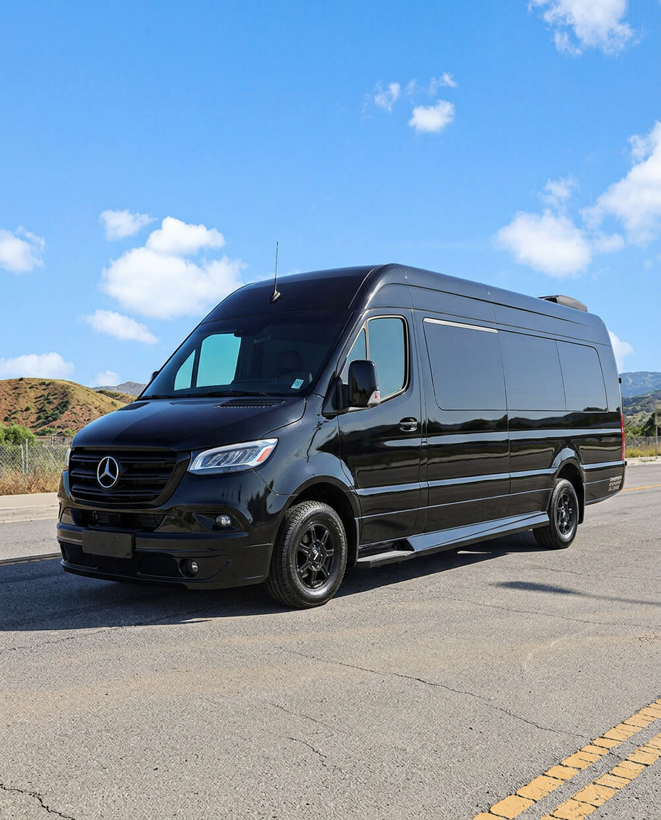 Black Mercedes-Benz Sprinter 3500 limo, full exterior, front three-quarter view