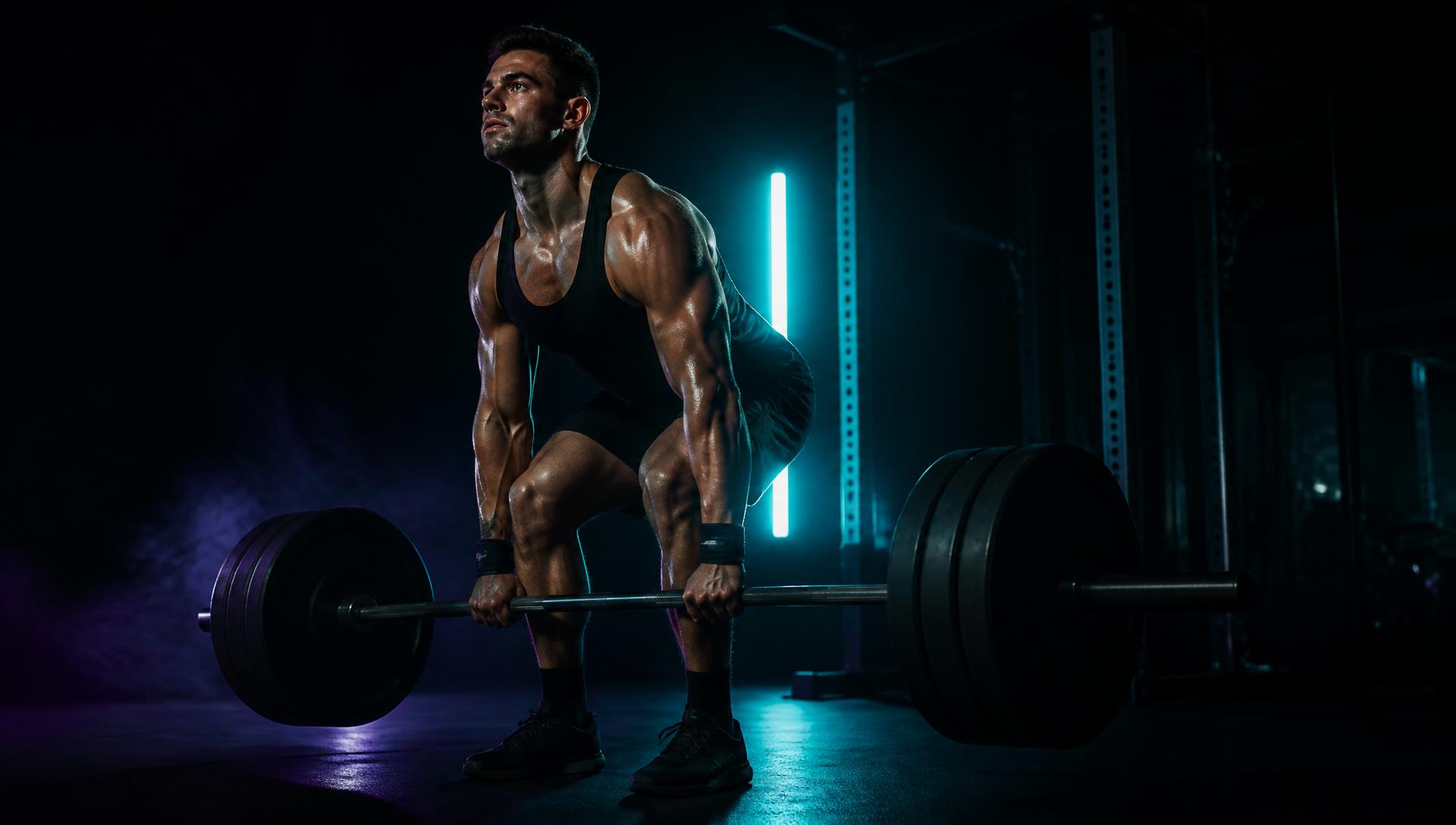Athlete performing a heavy barbell deadlift in a neon-lit gym