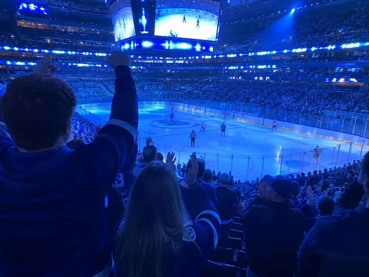 Crowd cheering at a hockey game
