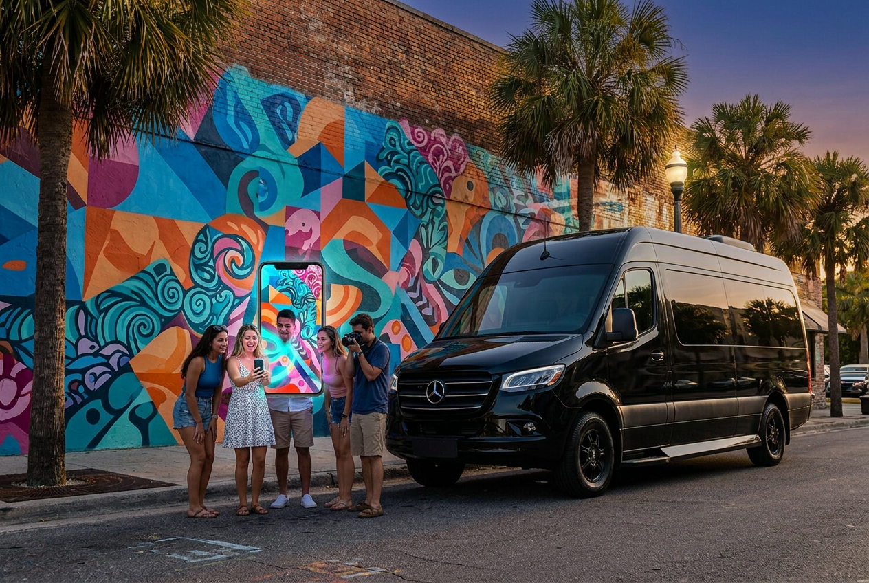 Friends watching a mural come alive on a phone beside the black Sprinter limo