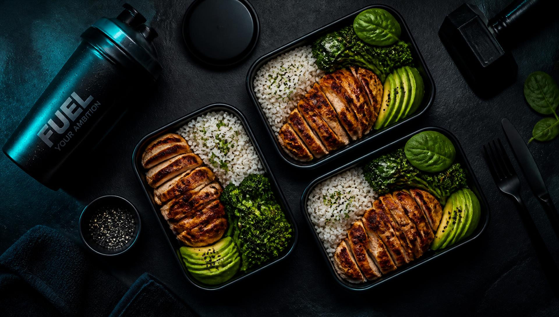 High-protein meal prep containers with a shaker bottle