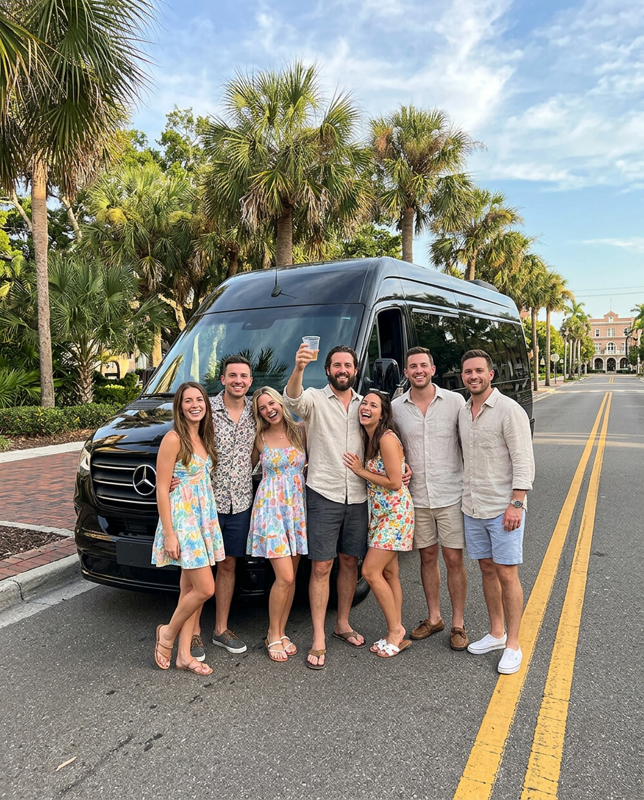 Friends posing in front of the black Sprinter limo on a palm-lined St. Pete street