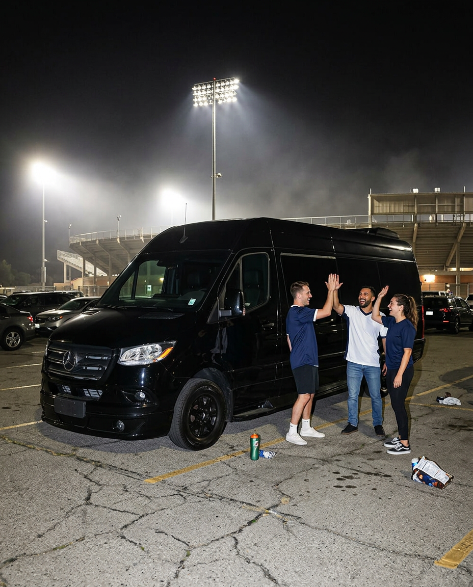 Fans high-fiving beside the Sprinter limo after a night game