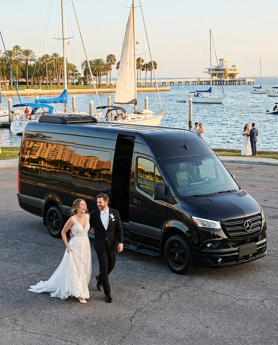Bride and groom walking to the Sprinter limo by the St. Pete waterfront