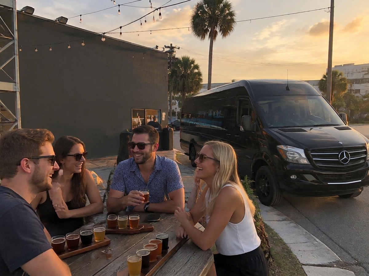 Friends sharing craft beer flights outside a St. Pete taproom beside the black Sprinter limo