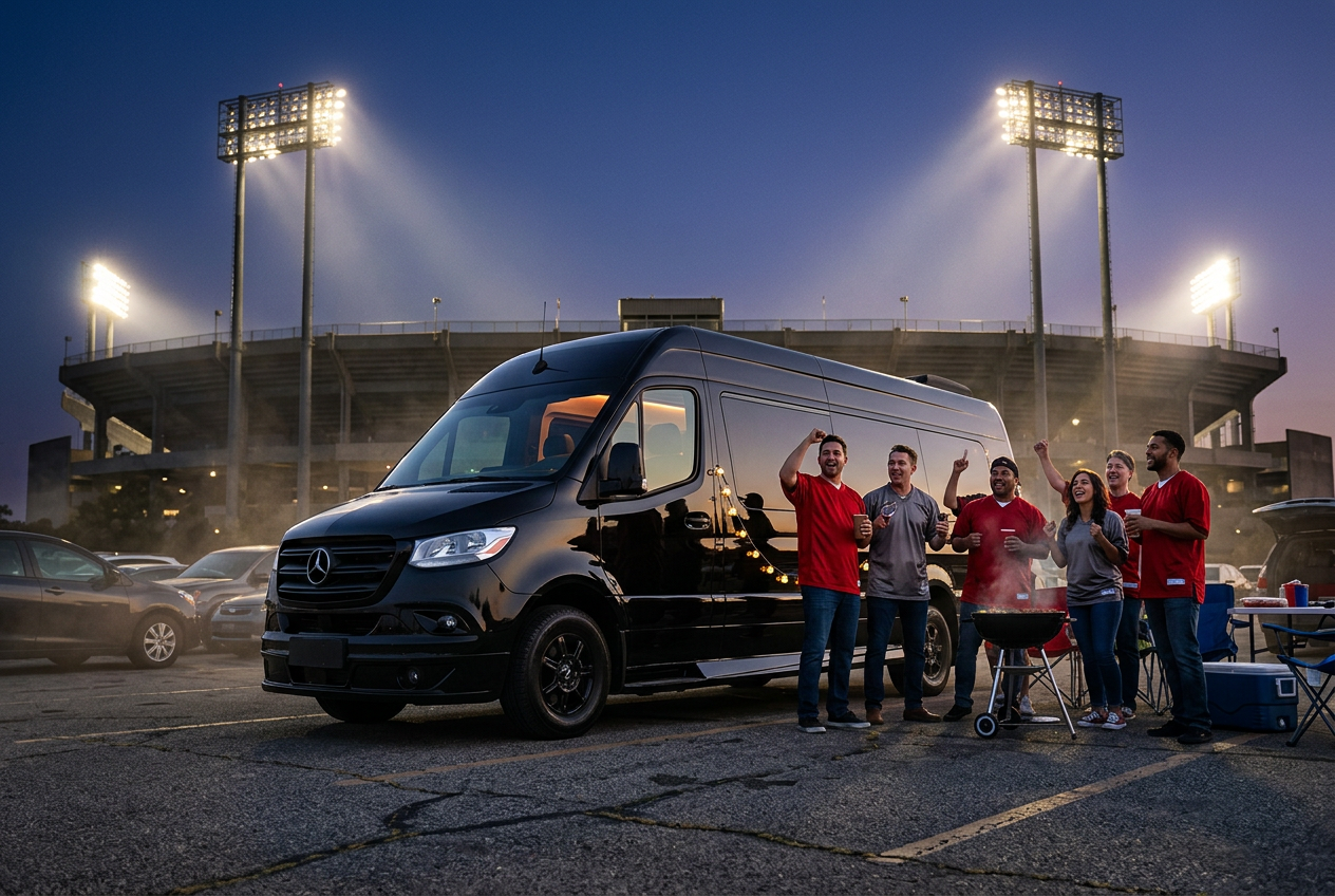 Football fans tailgating beside the black Sprinter limo under stadium lights