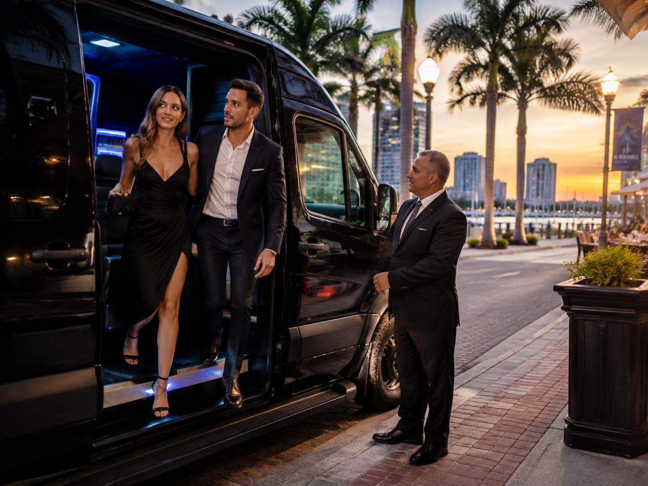 Couple stepping out of the black Sprinter limo on the St. Pete waterfront at dusk