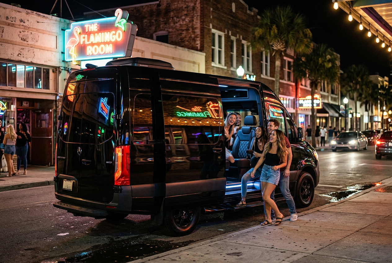 Friends stepping out of the black Sprinter limo at a neon-lit bar